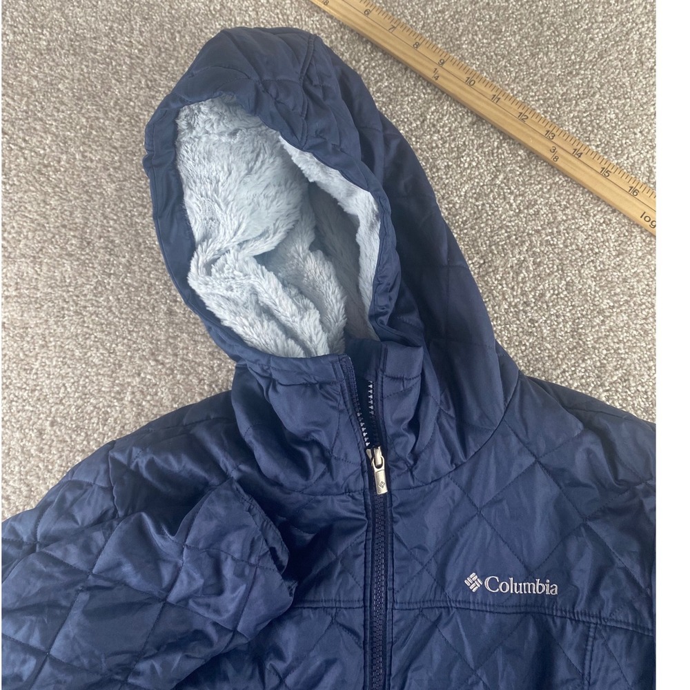 Columbia Womens S Navy Copper Crest Quilted Faux Fur Hooded Fleece Lined Jacket